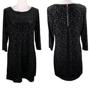 Adrienne Vittadini Dress Black Large Embossed Velvet 3/4 Sleeves Back Zip